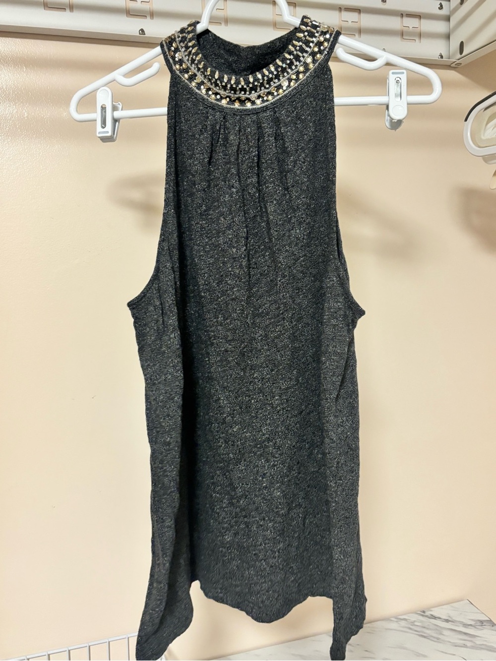 Anthropologie Embellished Neck Charcoal Gray Tank Top